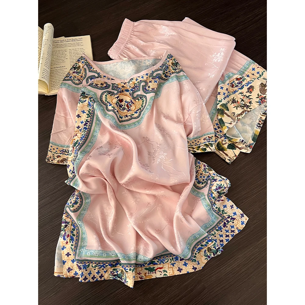 新中式国风高级感复古冰丝短袖睡衣女夏亲肤舒适长裤家居服两套装