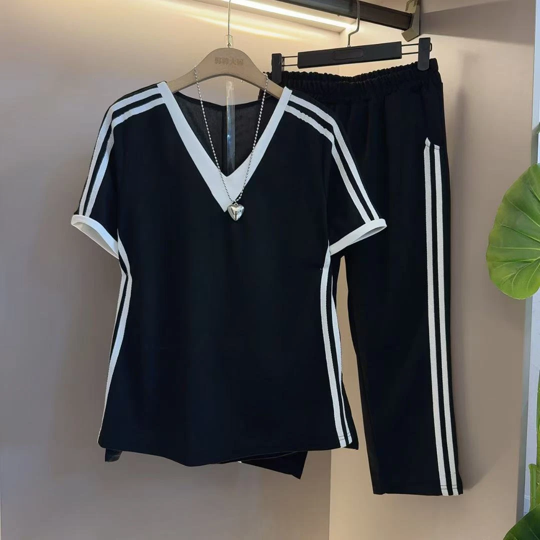 时尚拼接洋气韩系简约大码胖妹妹休闲套装遮肉显瘦气质运动套装