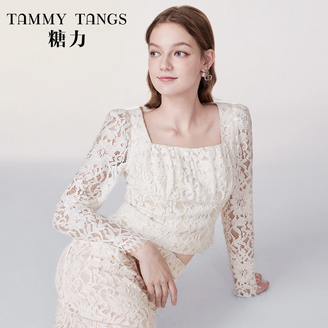 【芋总专属】糖力春秋新款优雅淑女长袖显瘦短款蕾丝衫上衣女