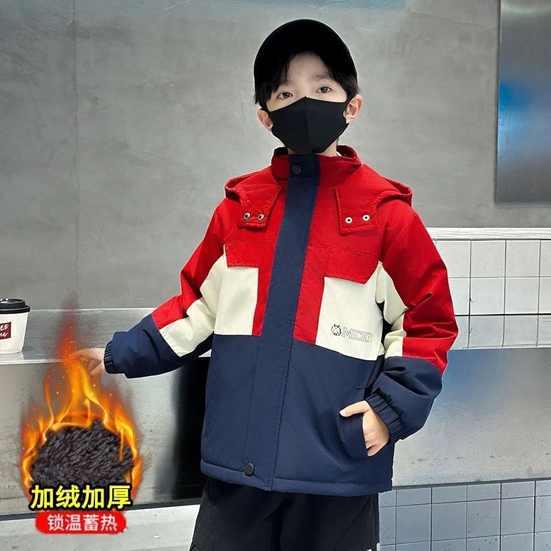男童加绒加厚棉服2024新款儿童冬季棉衣中大童时尚连帽派克服潮.