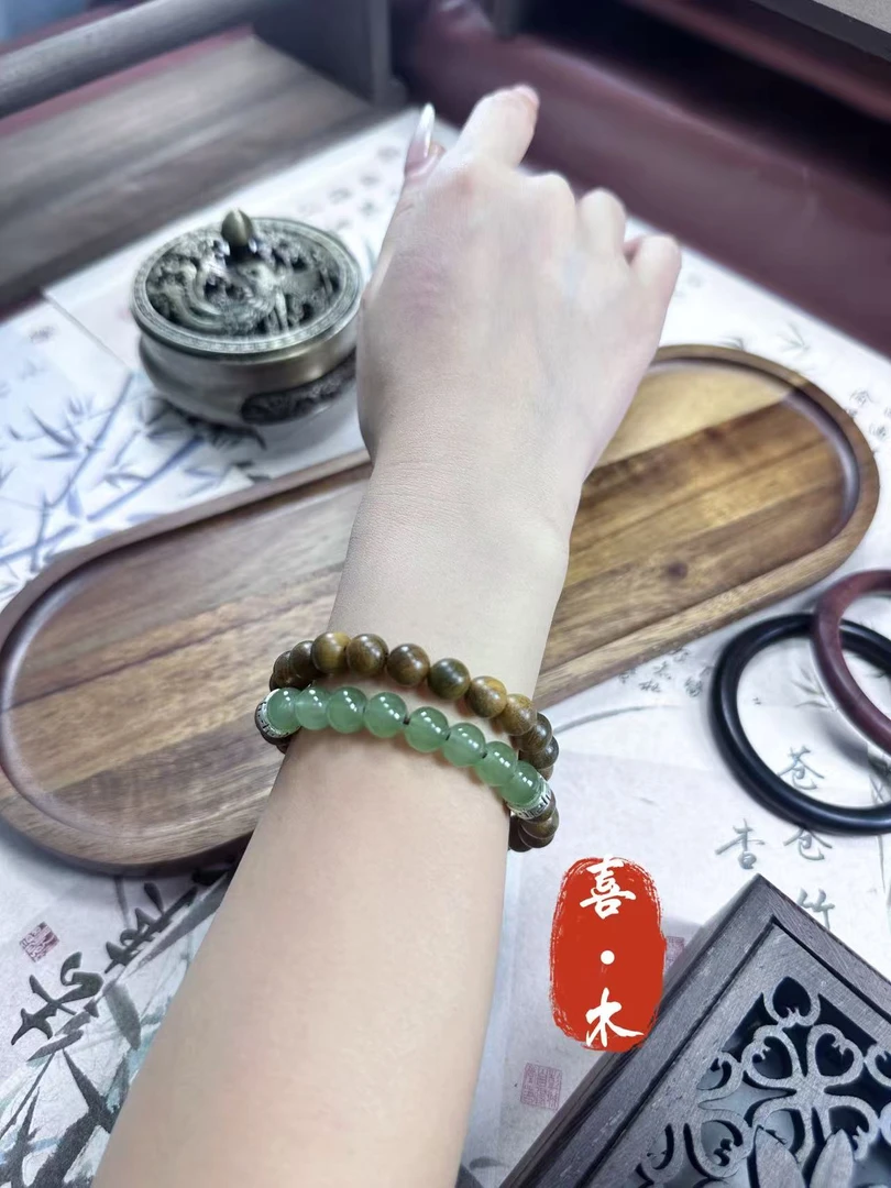 [喜木原创】天然绿檀搭转运环8mm双圈手串手链