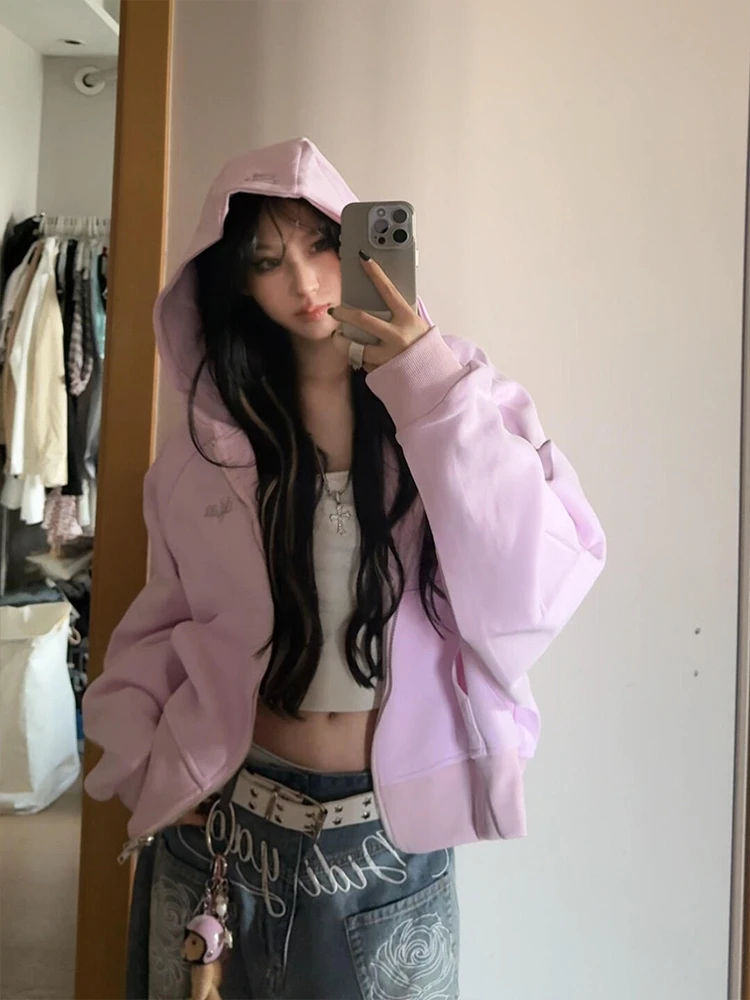 美式复古纯色刺绣双拉链连帽卫衣女春秋慵懒宽松百搭短款开衫外套