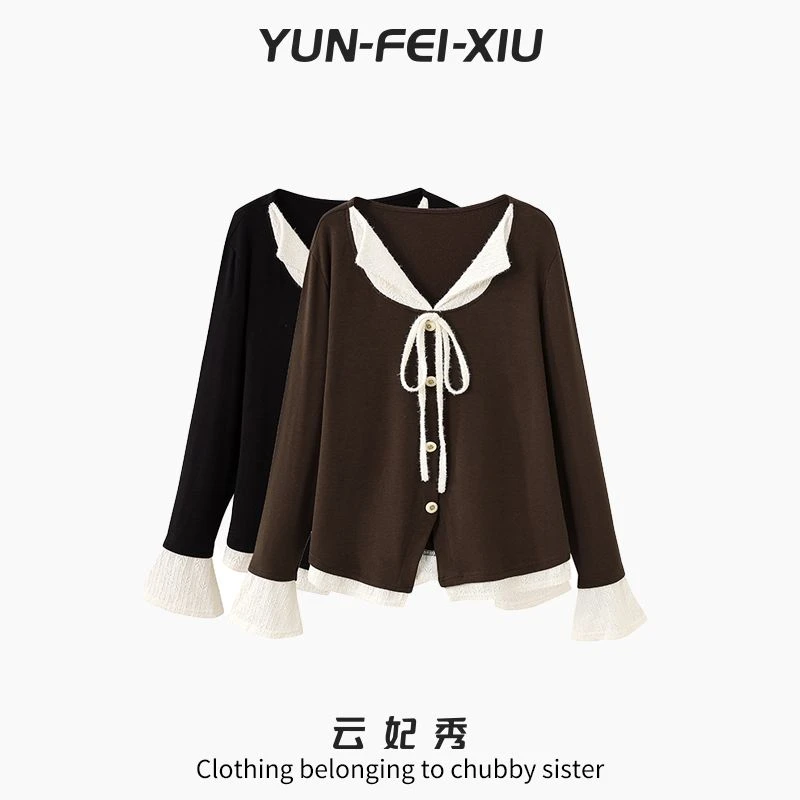 云妃秀大码女装T恤V领撞色拼接时尚宽松显瘦遮肉胖妹妹冬季A2747