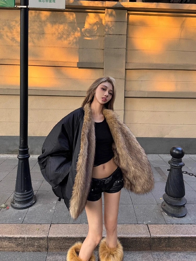 人造皮草 黑色拼接仿狐狸毛环保皮草加厚棉服美式阔版夹克毛外套
