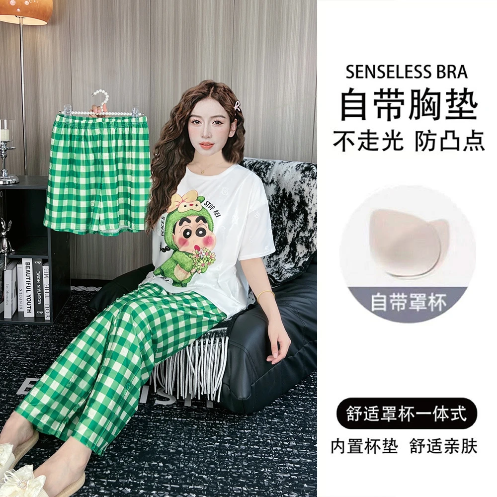 带胸垫夏季提花冰丝睡衣女短袖薄款三件套宽松卡通家居服套装夏天