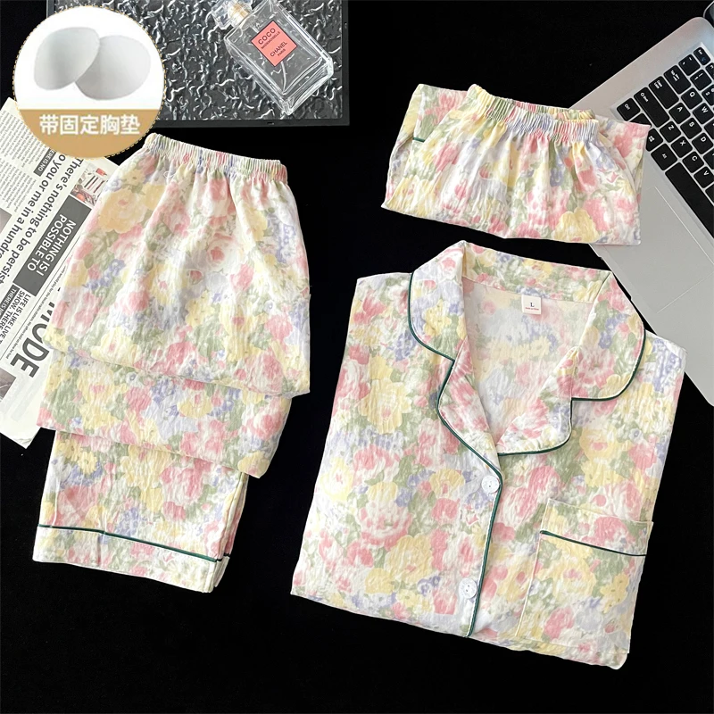 带胸垫云朵棉三件套睡衣女士短袖短裤长裤