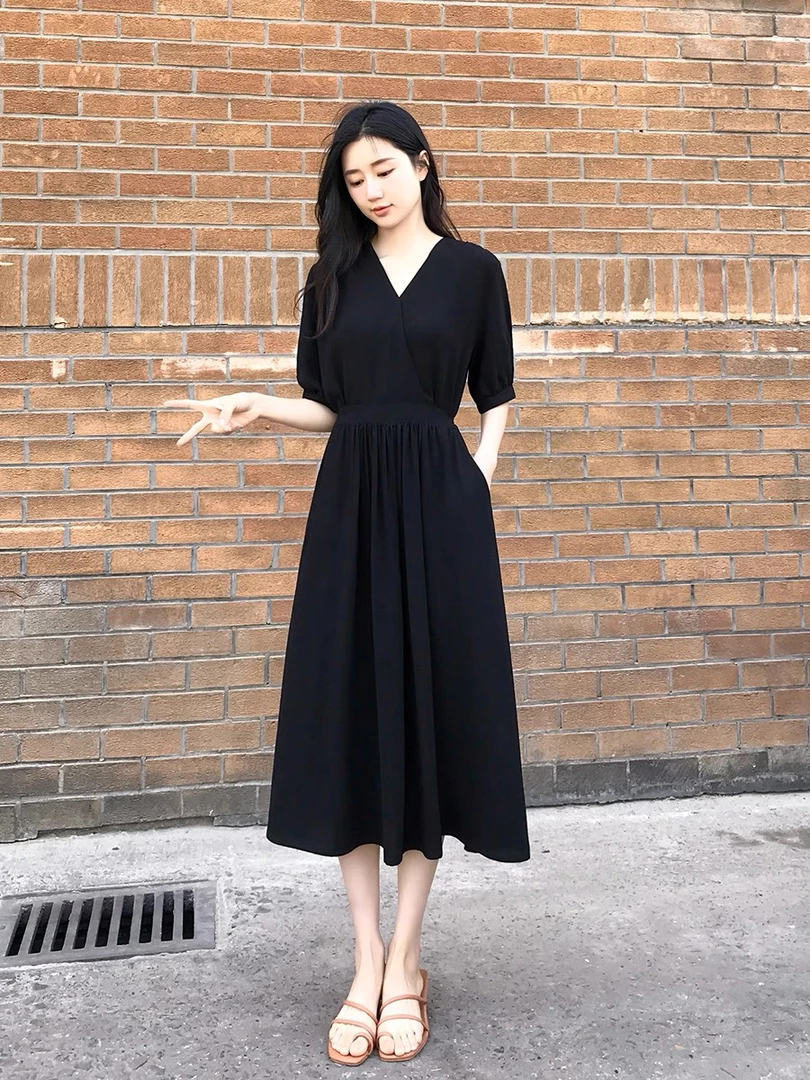 6102高品质气质V领女神连衣裙