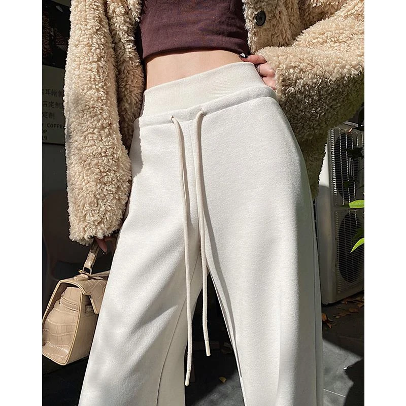 加绒高腰阔腿裤女冬季加厚米色羊毛呢垂感休闲运动裤抽绳直筒卫裤
