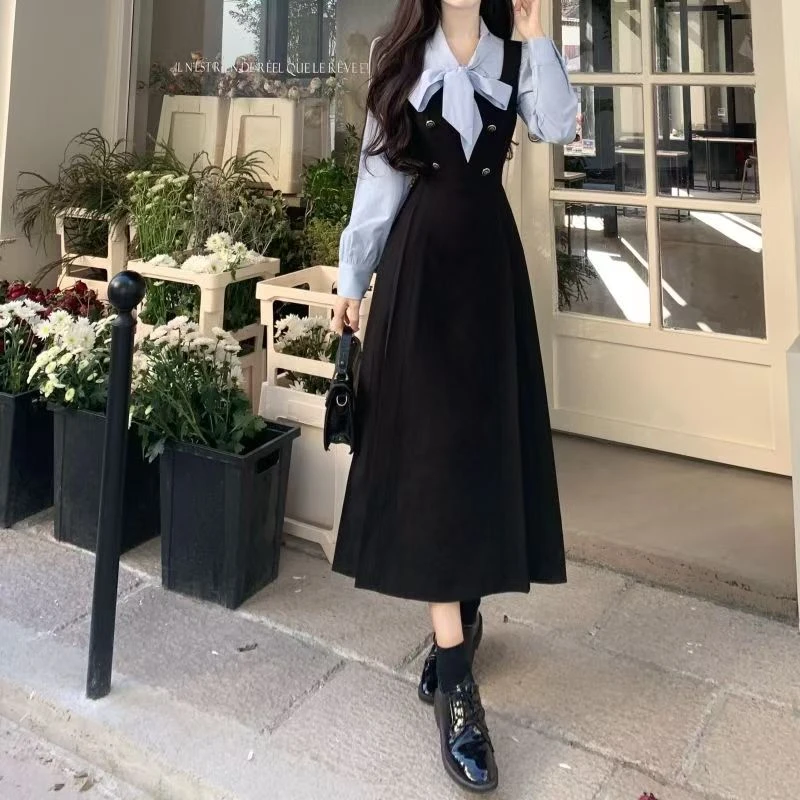 大码女装春秋新款法式拼接假两件套连衣裙胖mm显瘦蝴蝶结中长裙子