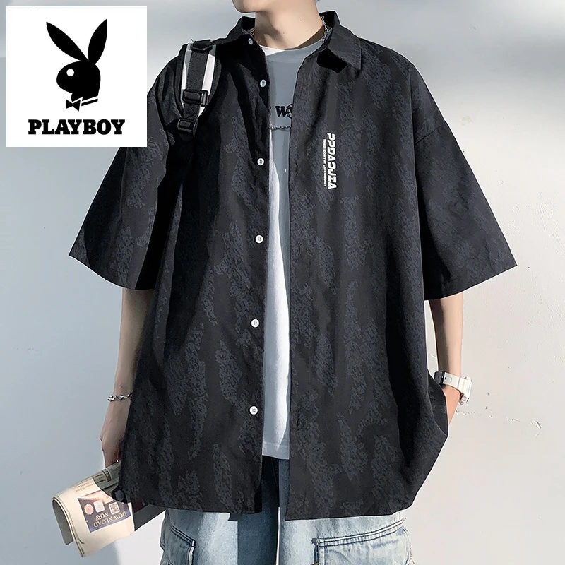 花花公子美式休闲短袖衬衫男夏季薄款潮流百搭宽松T恤日系冰丝衬