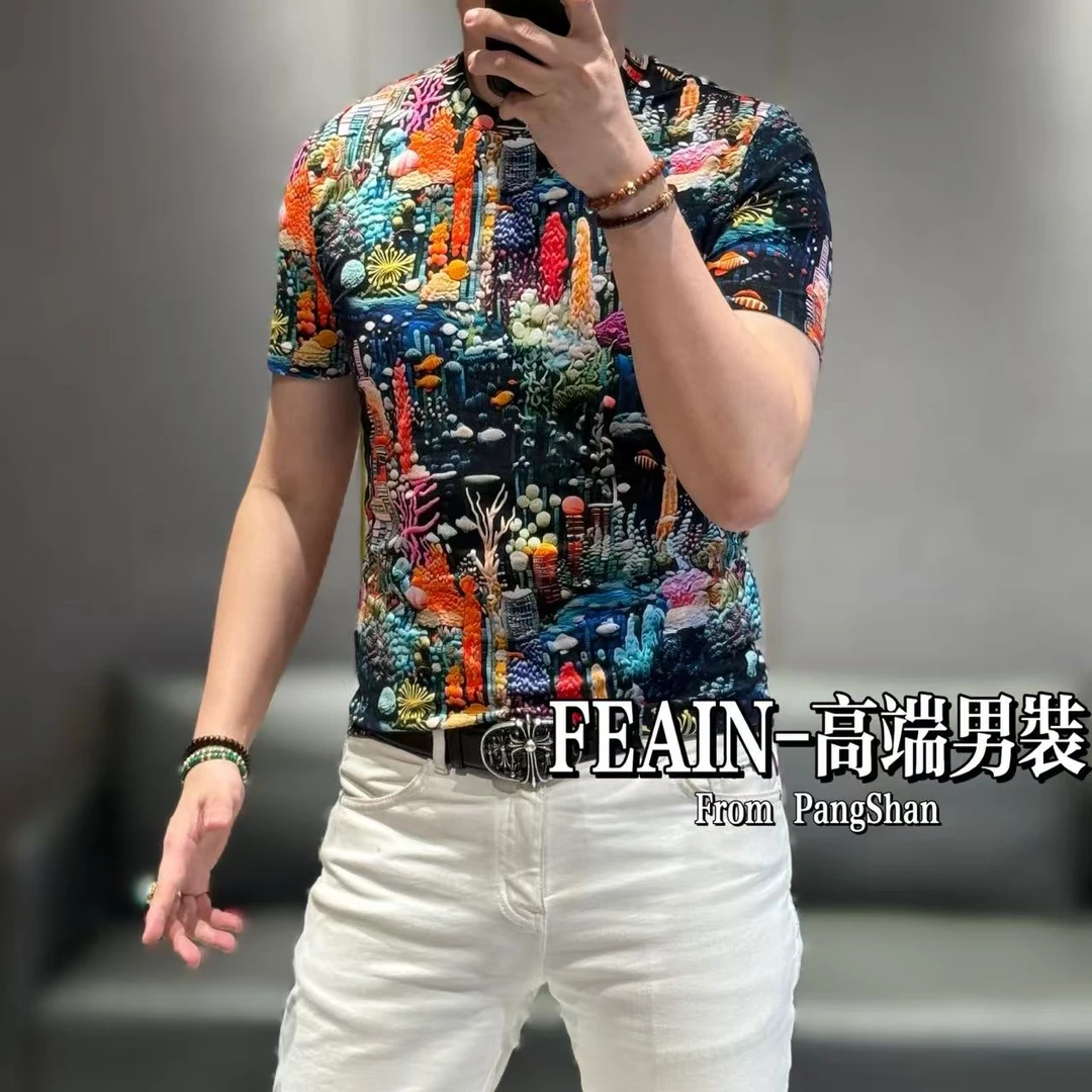 【雷迪·凯奇】高端男士3D立体裸眼海底世界印花双丝光短袖T恤7703