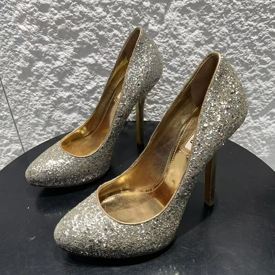 95新 MIU MIU/缪缪 36码/仔仔/无配件/银色亮片满天星高跟鞋 151