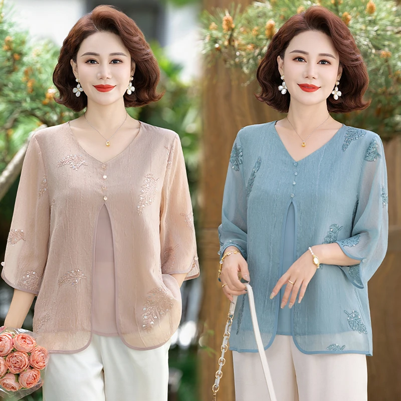 25年夏季新款中袖国风气质显瘦休闲母亲节服装宽松绣花百搭妈妈装