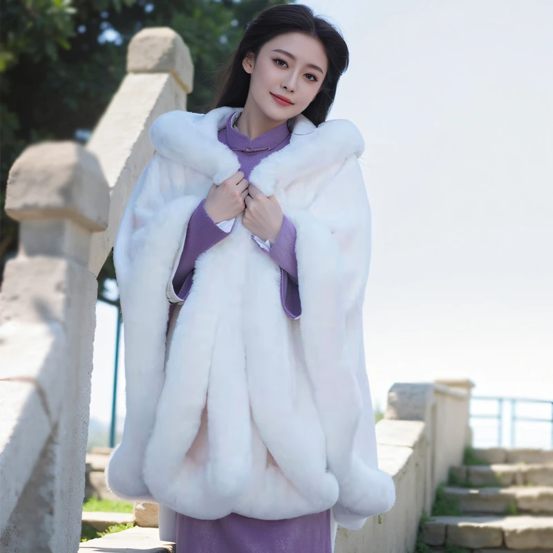 戎正秋冬连帽仿水貂绒加绒加厚纯色中长款斗篷披肩宽松大码女外搭