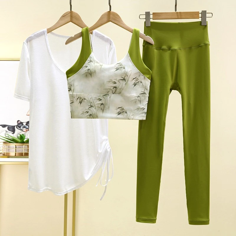 夏季绝美瑜伽服套装女宽松遮肉带胸垫专业印花普拉提运动健身服