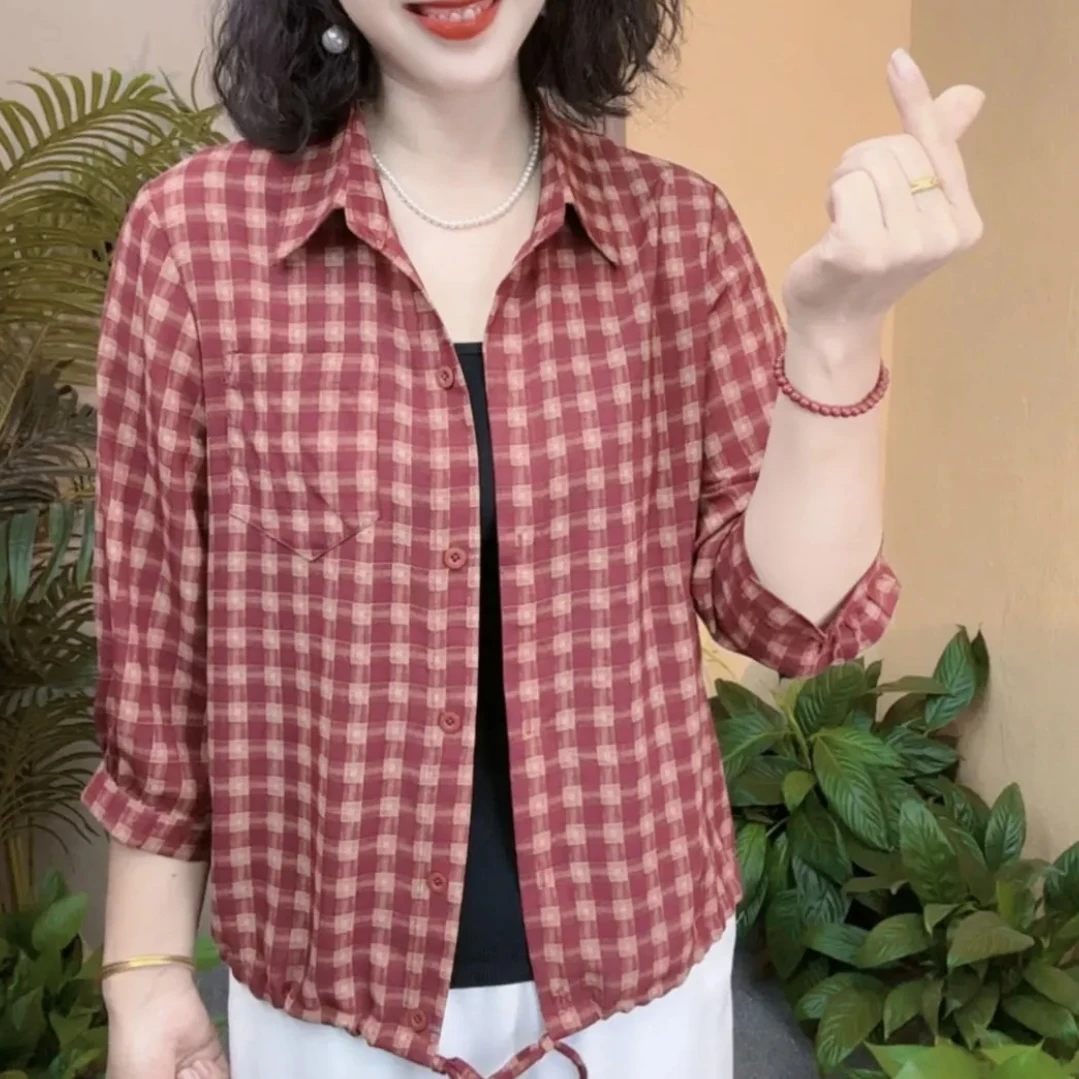 衬衣女格子宽松大码遮肚显瘦大码七分袖设计感气质减龄上衣外套女