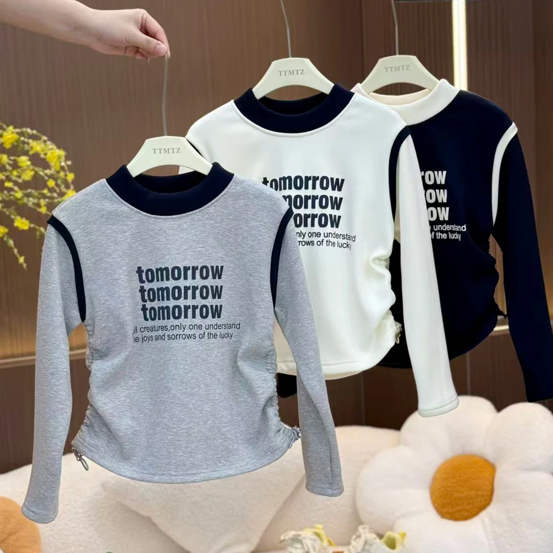 【实体品质•加绒】女童加厚打底衫拼接小高领休闲上衣3923