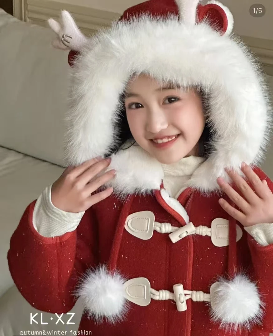 女童加绒外套冬季新款洋气保暖中长款毛毛衣外套可爱卡通兔子