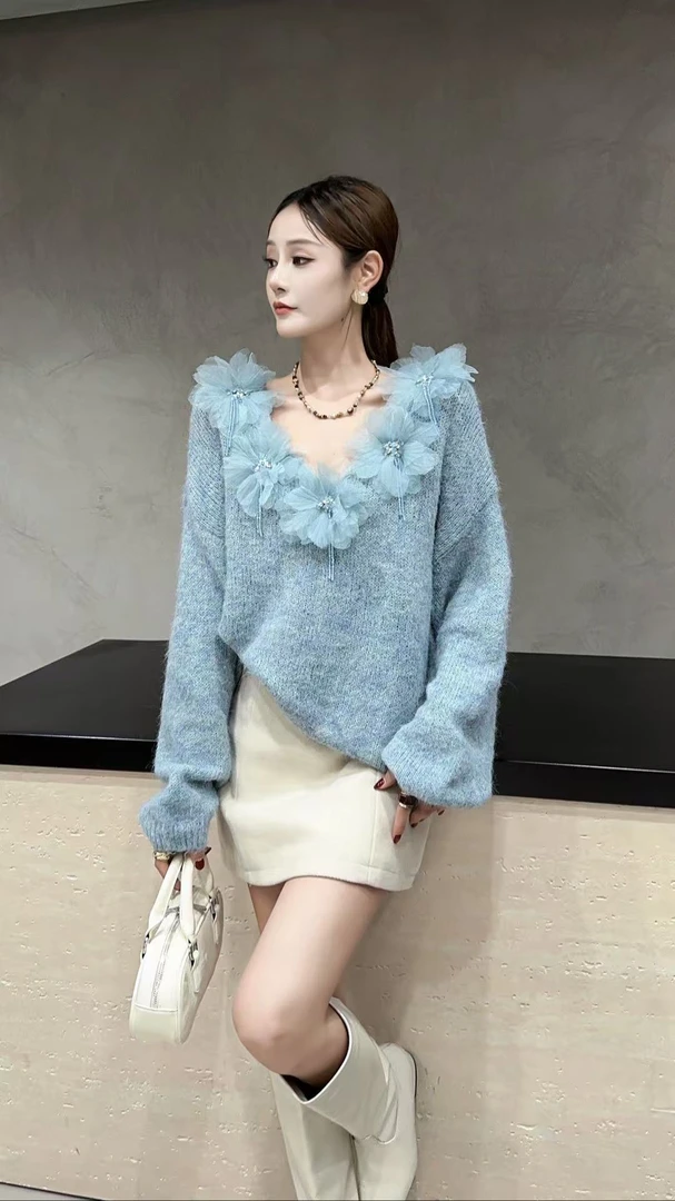 淑雅阁服饰  仙女风毛针织女装上衣花朵长袖冬季针织8098