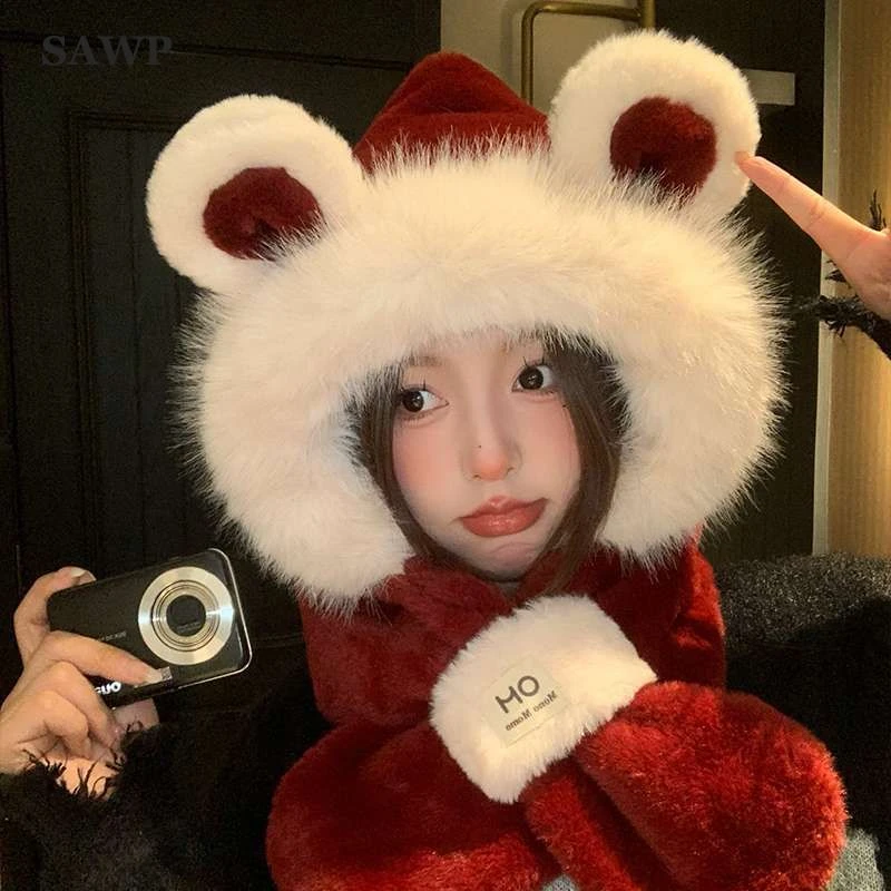 可爱小熊帽子围巾一体女秋冬季新款百搭加厚保暖防男生史迪压发帽