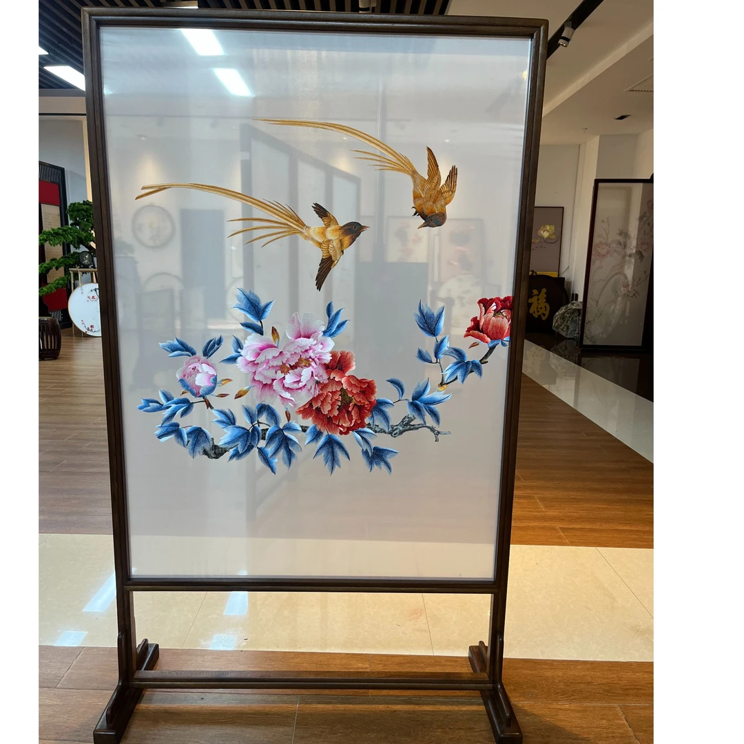 双画面苏绣精工非洲柚木实木榫卯座屏