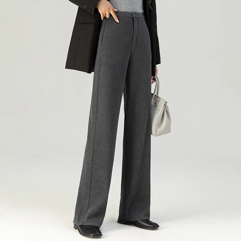 羊毛混纺窄版阔腿裤女秋冬高腰垂感西装裤显瘦显高职场毛呢直筒裤
