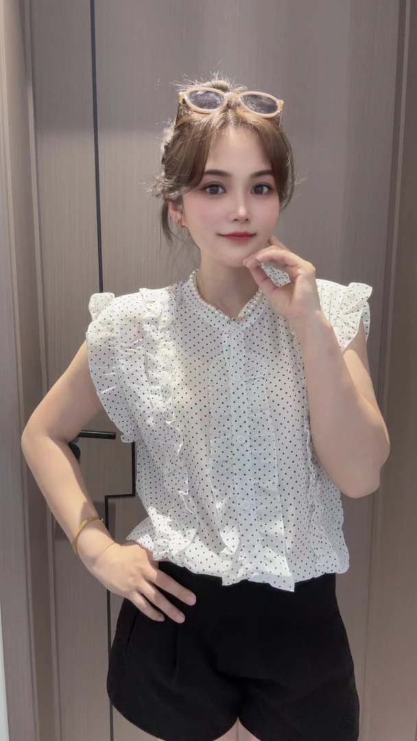 法式复古气质小飞袖波点荷叶边夏季无袖衬衫