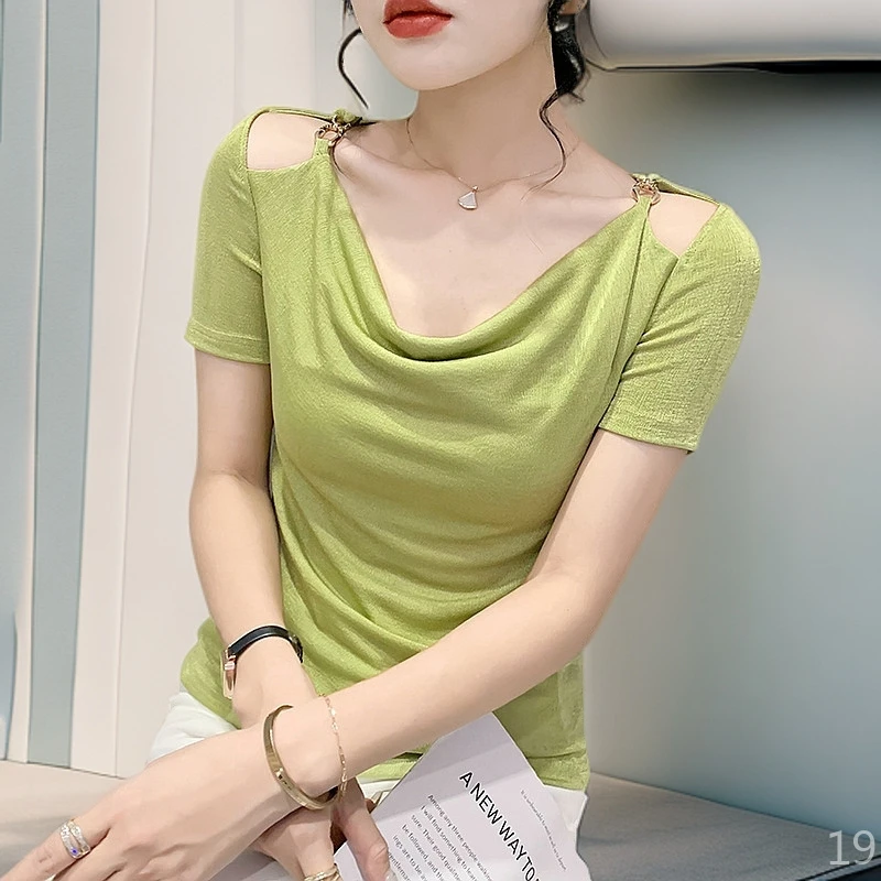 短袖女t恤女款爆款2025新款一字肩上衣显瘦时尚潮牌气质洋气修身