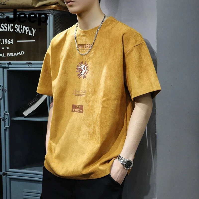 JEEP SPIRIT吉普美式复古重磅麂皮绒短袖男2025休闲半袖上衣T恤夏