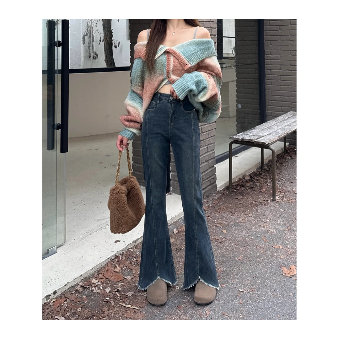 胖琪专属胖妹妹窄版微喇牛仔裤女毛边设计感高腰显瘦遮跨喇叭裤