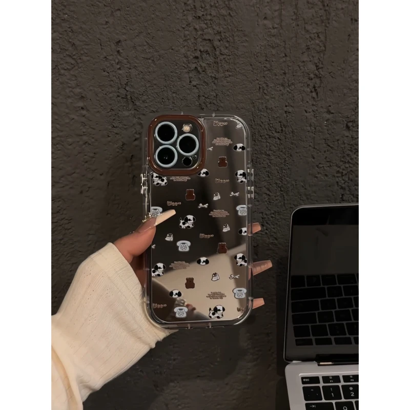 适用苹果15镜面奶油iPhone16pro手机壳mate华为OPPO满屏小狗小熊