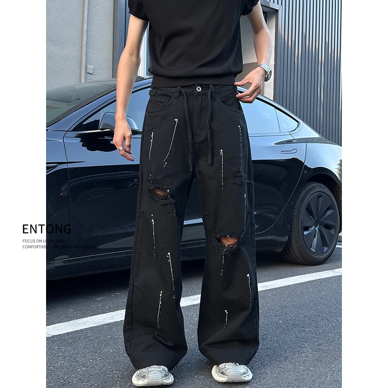 Entong美式街头宽松阔腿水洗微喇破洞牛仔裤男生薄款直筒vibe裤子