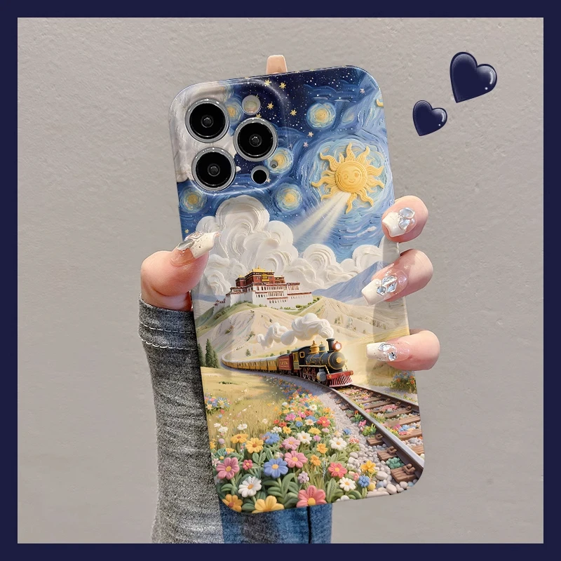 油画火车宫殿适用苹果16手机壳华为创意vivo防摔小米15oppo菲林壳