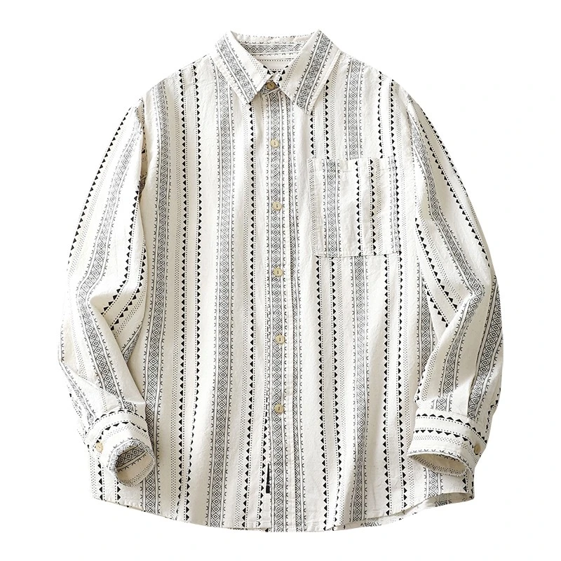 日系复古清新文艺咔叽几何印花条纹长袖衬衫宽松休闲纯棉衬衣外套