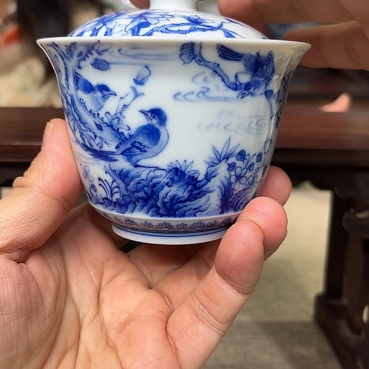 盖碗瓷青花花鸟盖碗