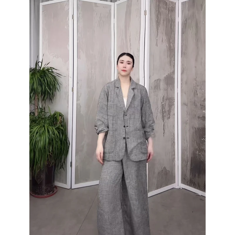 （格子西服）春季新款砂洗汉麻宽松显瘦百搭休闲西服女XHH 0158