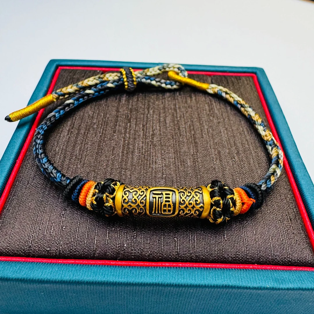 70#足金999 珐琅彩黑金福字弯管  手工编织