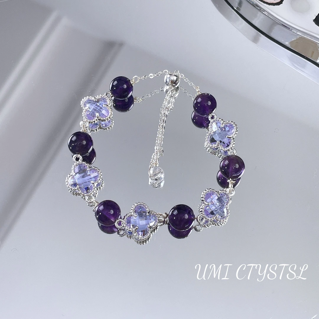 【紫色四叶花】天然水晶紫水晶四叶草手链单圈水晶手串气质百搭小众