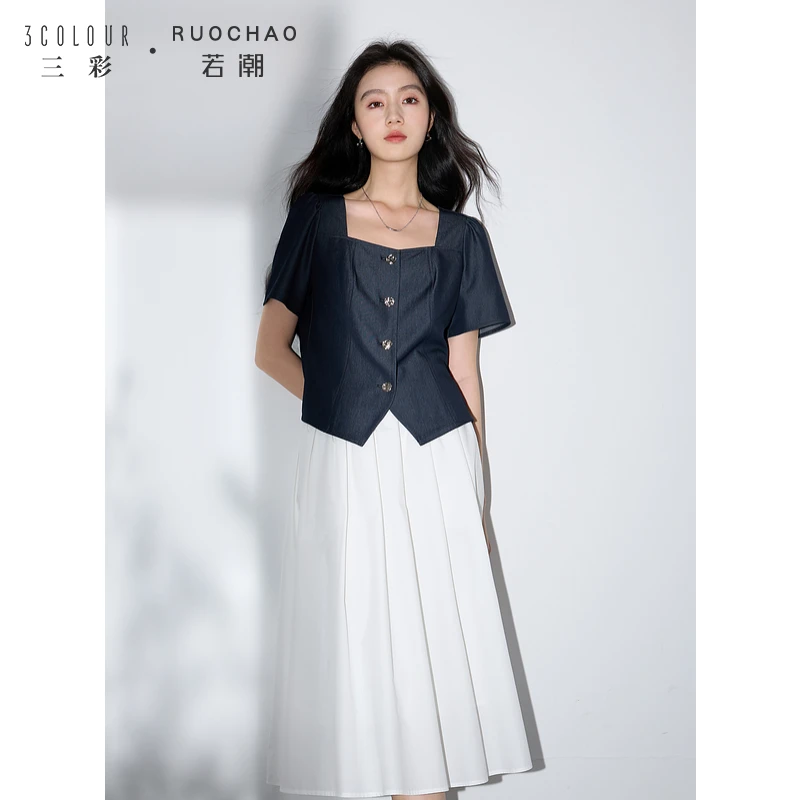 【商城专享】三彩大码女装春季新款复古仿牛仔小衫显瘦气质上衣