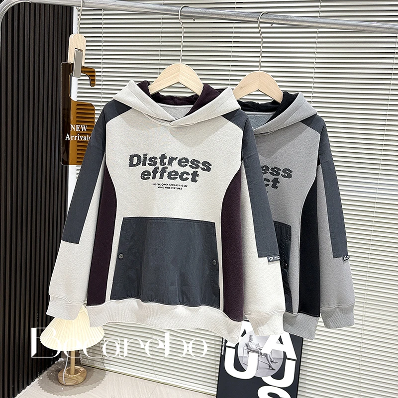 【淏妈原创】青少年童装男童冬装上衣中大童宽松加绒卫衣连帽打底衫