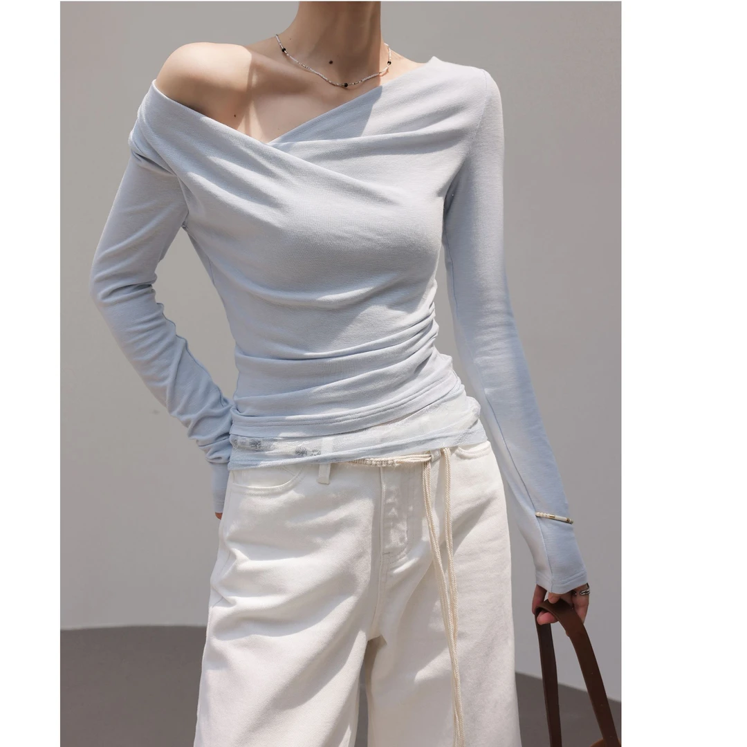 AIYAZHE纯色不规则森系内搭纯色秋季荡领一字肩T恤设计感长袖