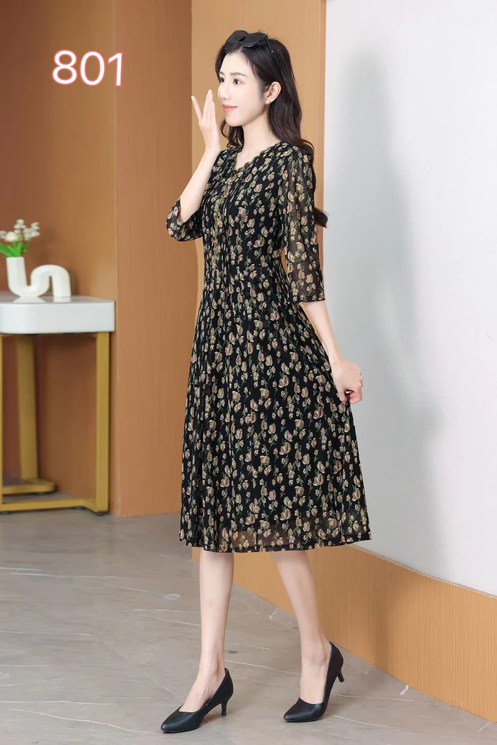 801款秋季新款V领长袖高档收腰遮肉显瘦时尚中老年气质减龄连衣裙