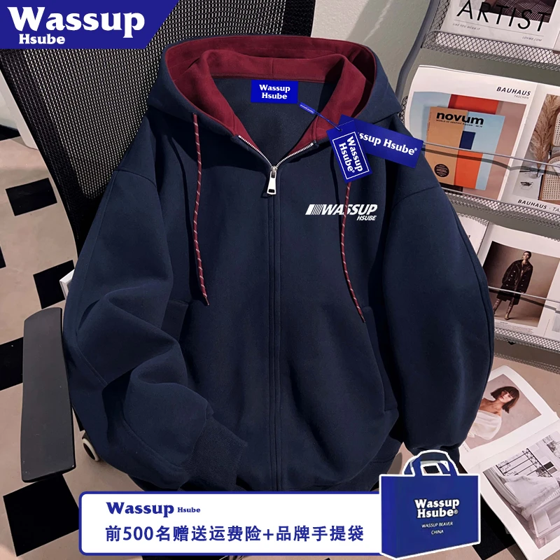 WASSUP HSUBE印花开衫卫衣秋冬加绒加厚男女款外套全拉链连帽开衫