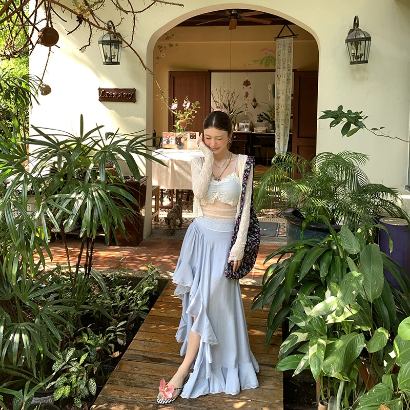 【美人鱼】30%天丝不规则木耳蕾丝花边半身长裙4193