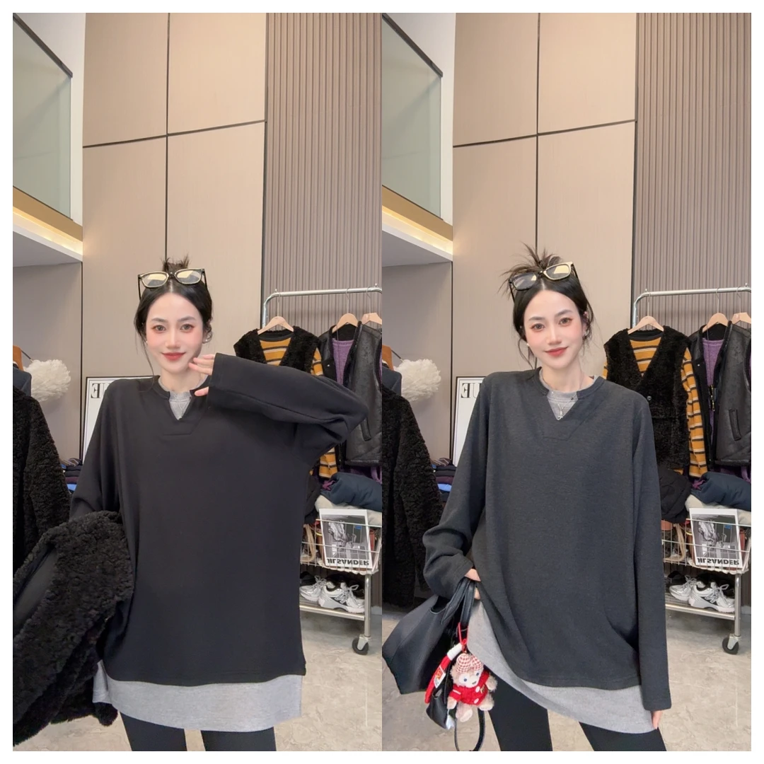 【久别重逢】秋冬上新~假两件拼接简约宽松中长款圆领长袖上衣