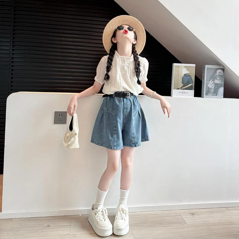 FAVMARTHA女童夏装套装2025新款儿童洋气娃娃衫上衣中大童牛仔短