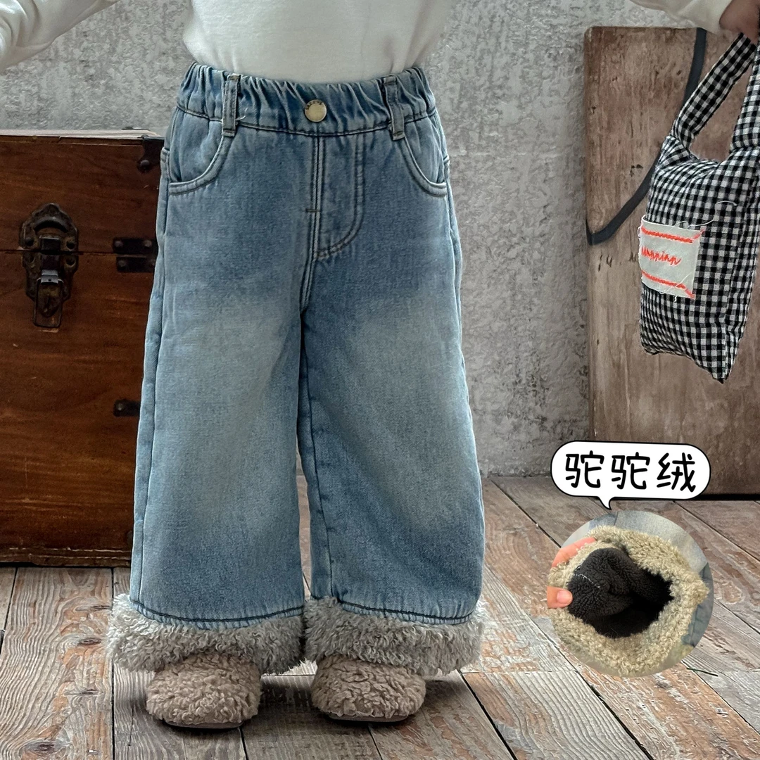 【鱼子酱0度】D25277K加绒毛毛裤脚边牛仔裤中小童女童童装