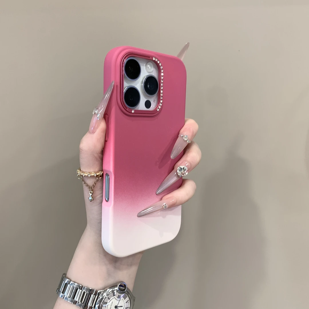 镶钻渐变玫粉色简约适用于苹果16手机壳iPhone15防摔14ProMax颜值