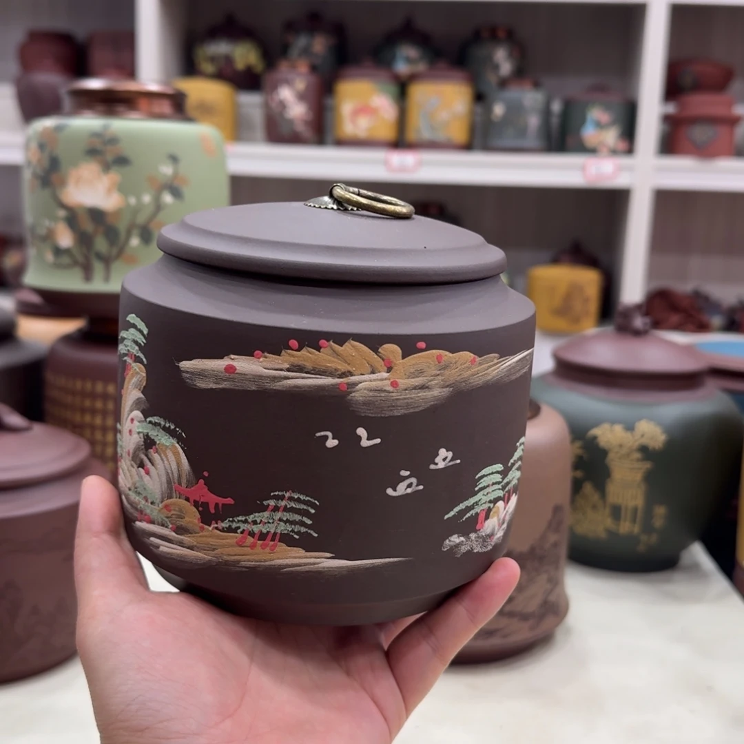 茶叶罐紫砂高14宽15六两泥绘山水紫泥