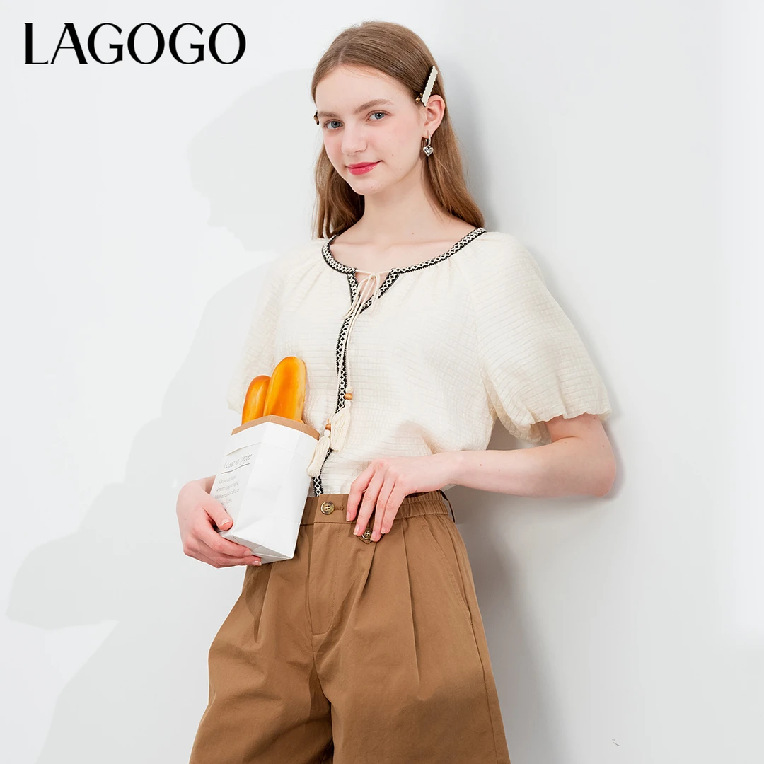 lagogo拉谷谷新款莱赛尔轻盈流苏系带百搭上衣女NASS333F11
